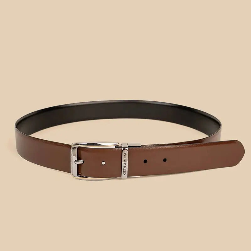 Savora reversible men's leather belt, brown side, with brushed silver buckle