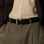 Black Kyoto belt worn with beige shirt, dark jacket and grey trousers