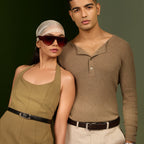 Couple posing, man wearing the brown Croco belt with a henley