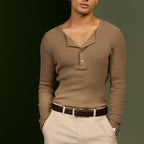 Man in a brown henley wearing the brown Croco belt