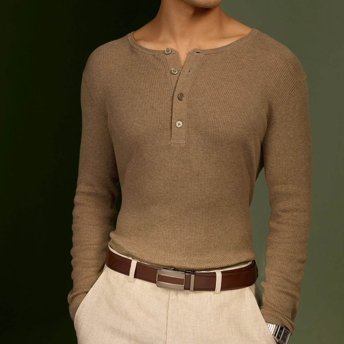 Man in a brown henley and beige trousers wearing the Brown Outlaw belt