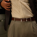 Savora reversible belt worn brown side out with a cream shirt and khaki trousers