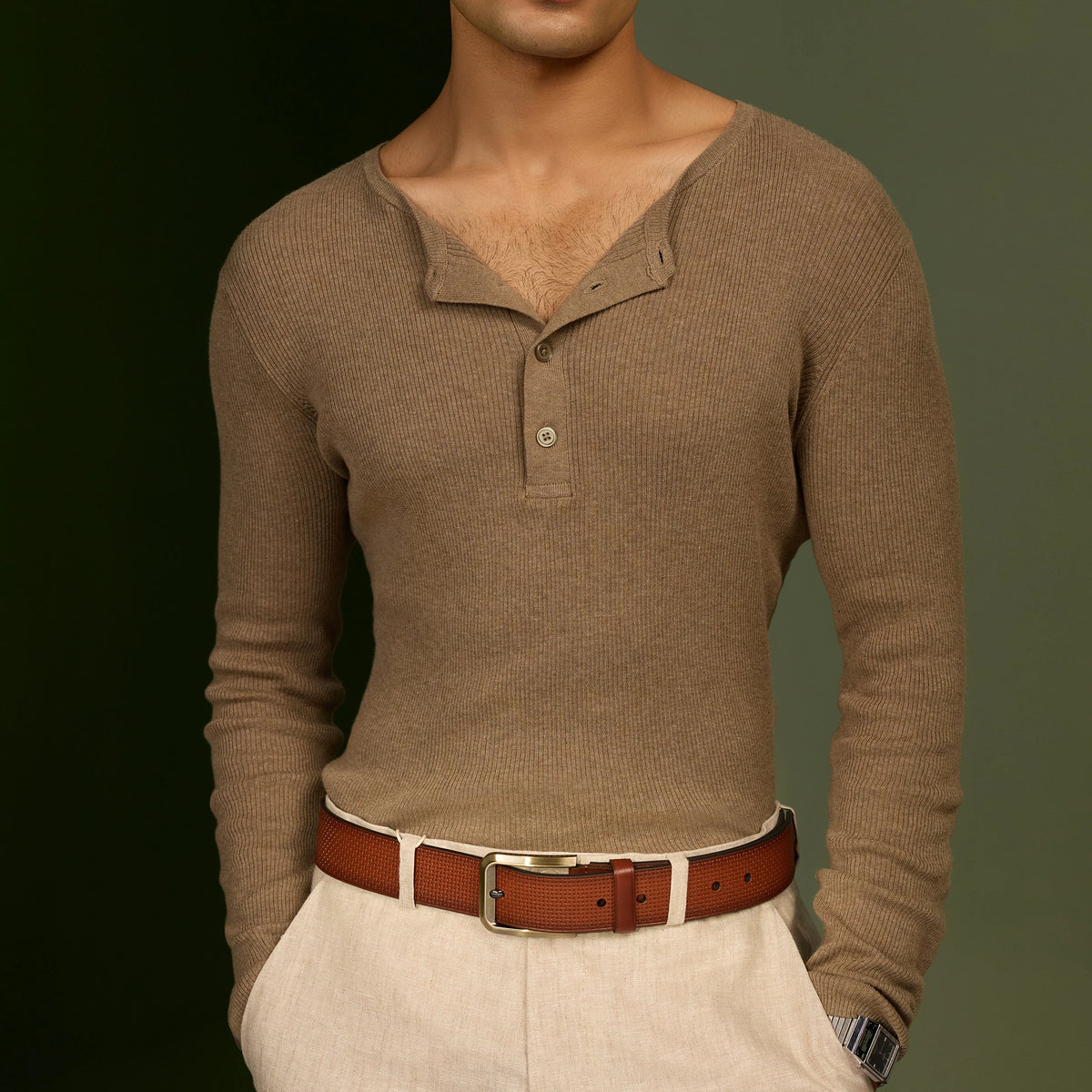 Man in a brown henley and beige trousers wearing the Tan Kyoto belt